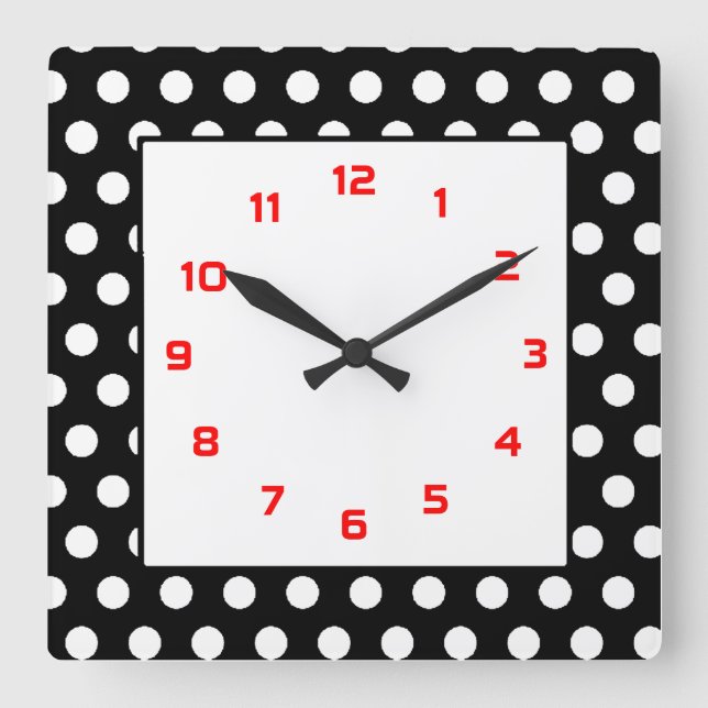 Black White & Red Polka Dots Square Wall Clock (Front)