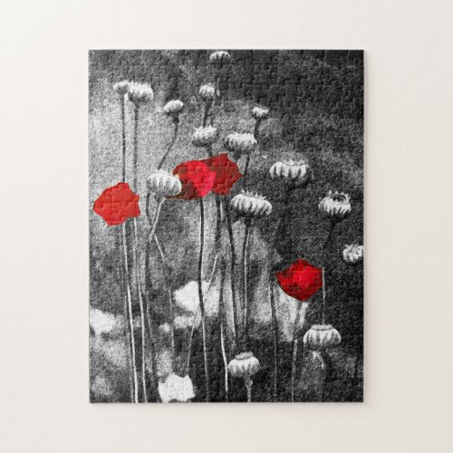 Black White Red Poppies Flower Art Template Floral Jigsaw Puzzle