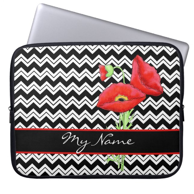 Black & White Red Poppy Zizzag Chevron Customized Laptop Sleeve (Front)