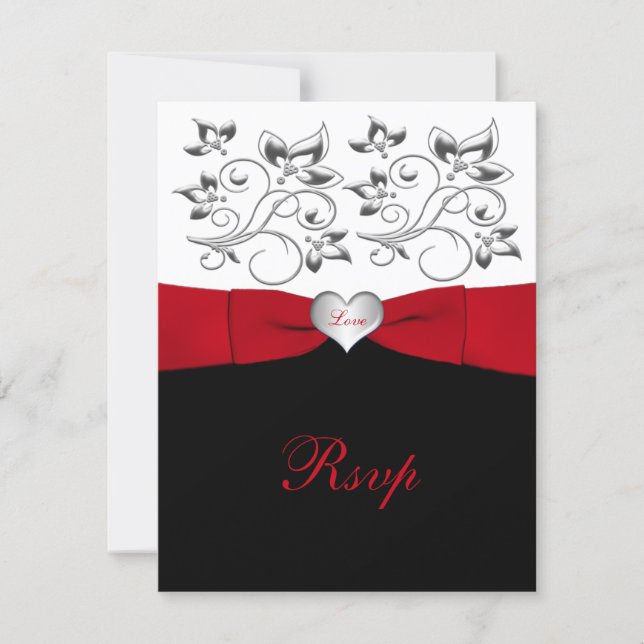 Black White Red PRINTED RIBBON Floral Reply Card (Front)