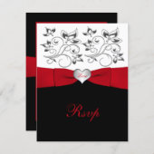 Black White Red PRINTED RIBBON Floral Reply Card (Front/Back)