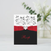 Black White Red PRINTED RIBBON Floral Reply Card (Standing Front)