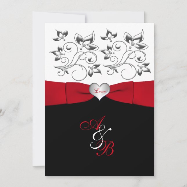 Black White Red PRINTED Ribbon Wedding Invite (Front)