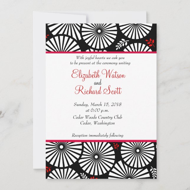 Black White Red Retro Floral Wedding Invitation (Front)