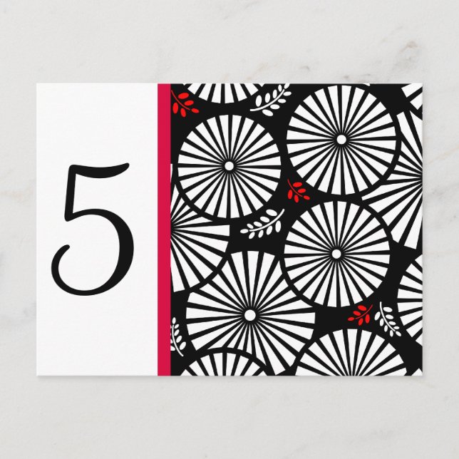 Black White Red Retro Floral Wedding Table Number (Front)