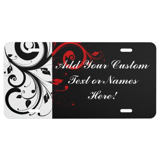 Black White Red Reverse Swirl Personalized License Plate (Front)