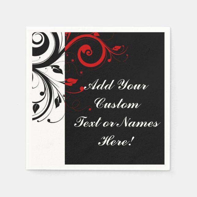 Black White Red Reverse Swirl Personalized Napkins (Front)