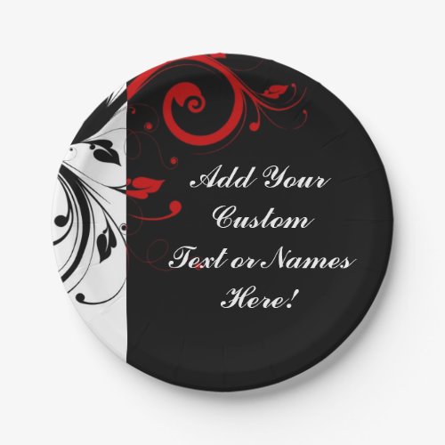 Black White Red Reverse Swirl Personalized Paper Plates