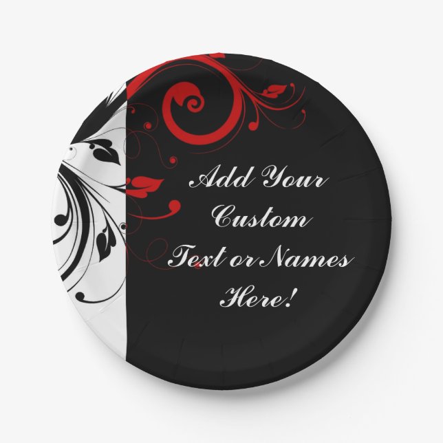 Black White Red Reverse Swirl Personalized Paper Plates (Front)