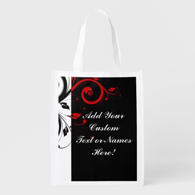 Black White Red Reverse Swirl Personalized Reusable Grocery Bag (Front)