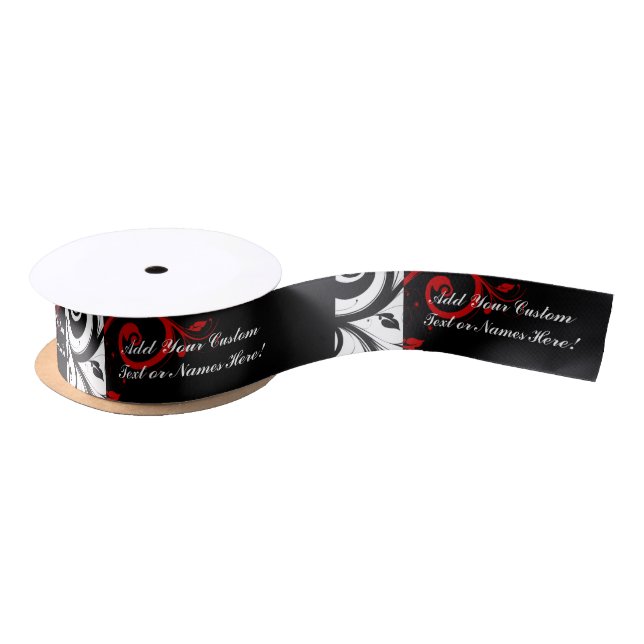 Black White Red Reverse Swirl Personalized Satin Ribbon (Spool)