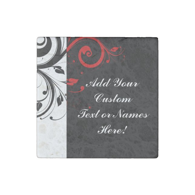Black White Red Reverse Swirl Personalized Stone Magnet (Front)