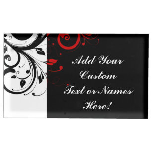 Black White Red Reverse Swirl Personalized Table Card Holder