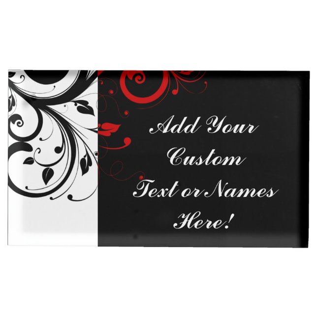 Black White Red Reverse Swirl Personalized Table Card Holder (Front)