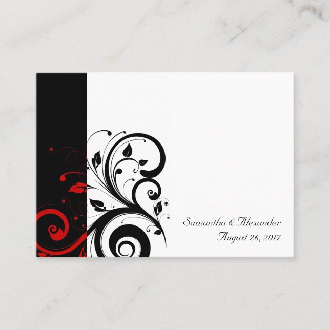 Black, White,Red Reverse Swirl PlaceCards, Written Place Card (Front)