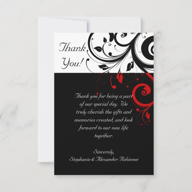 Black/White/Red Reverse Swirl Thank You Note Cards (Front)