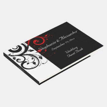 Black White Red Reverse Swirl Wedding Guest Book by CustomInvites at Zazzle