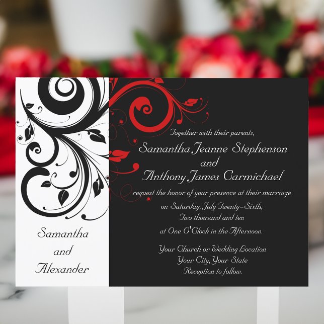 Black/White/Red Reverse Swirl Wedding Invitations (black and white with red swirl wedding invitations)