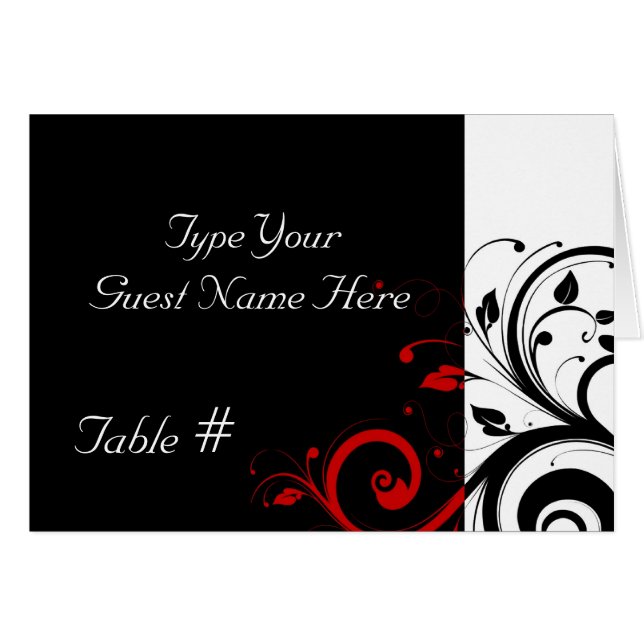 Black, White, Red Reverse Swirl Wedding Place Card (Front Horizontal)