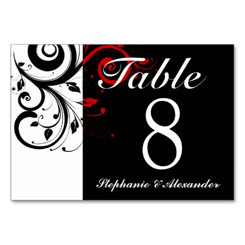 Black White Red Reverse Swirl Wedding Table Number