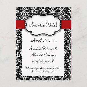 Black/White/Red Ribbon Damask Save the Date Announcement Postcard