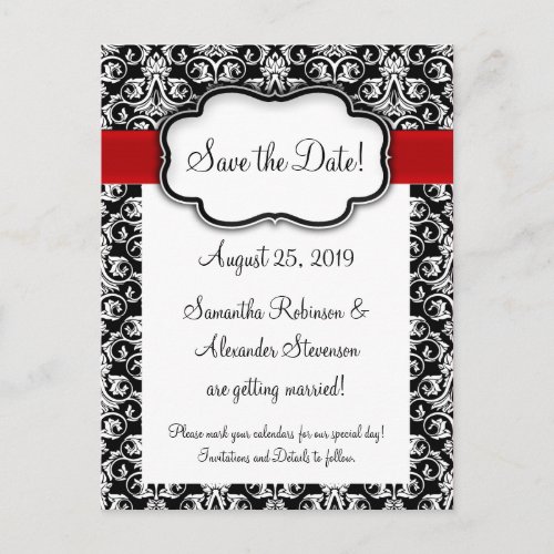 BlackWhiteRed Ribbon Damask Save the Date Announcement Postcard