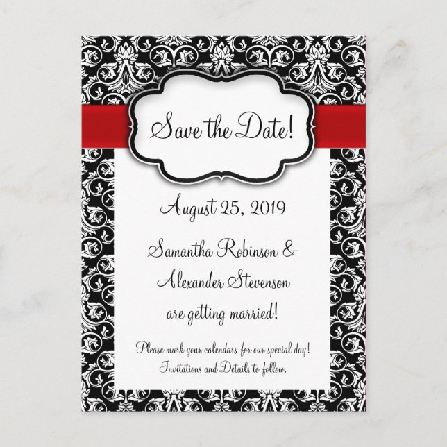 Black/White/Red Ribbon Damask Save the Date Announcement Postcard (Front)