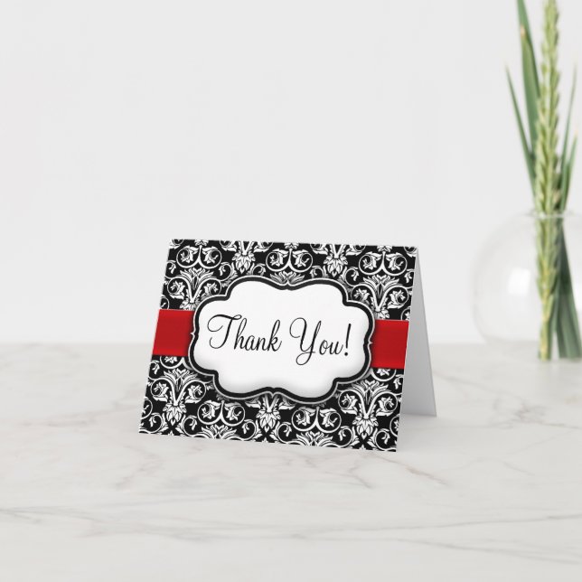 Black/White/Red Ribbon Damask Thank You (Front)