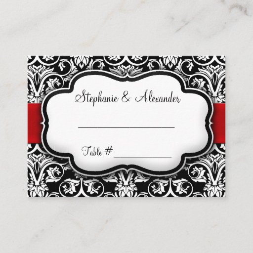 Customizable Black/White Damask Red Ribbon Business Card Template