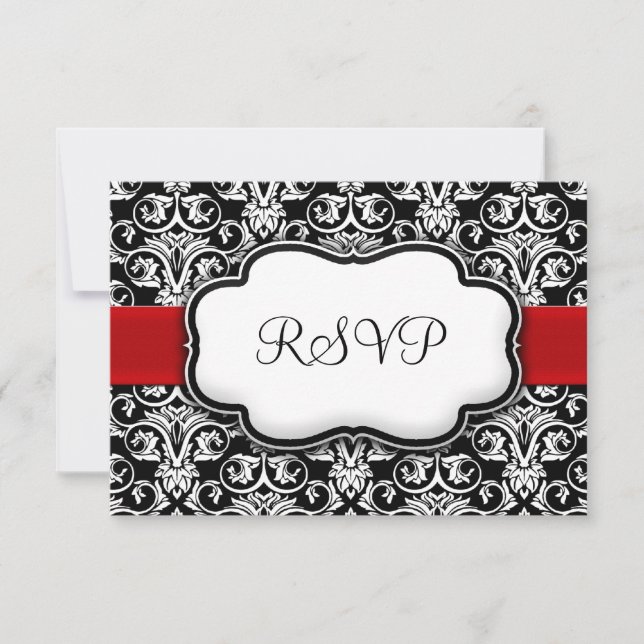 Black/White/Red Ribbon Damask Wedding RSVP Reply (Front)