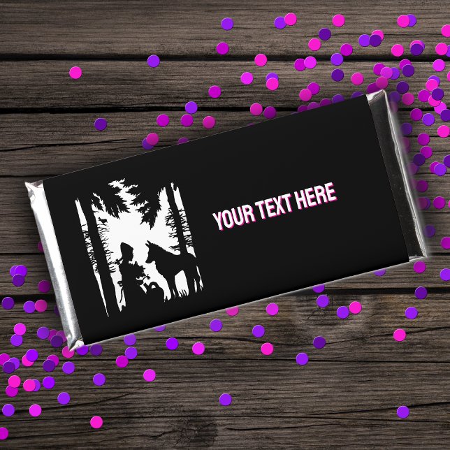 Black White Red Riding Hood Wolf Under Trees Hershey Bar Favors (Little Red riding hood silhouette black white in woods with wolf on Hershey candy favors.)