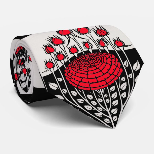 BLACK WHITE RED ROSES ,ROSEBUDS Art Nouveau Floral Neck Tie (Rolled)