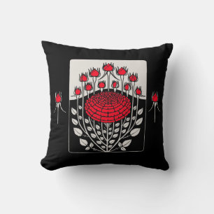 BLACK WHITE RED ROSES ,ROSEBUDS Art Nouveau Floral Throw Pillow