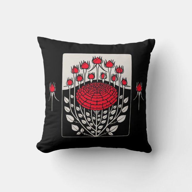 BLACK WHITE RED ROSES ,ROSEBUDS Art Nouveau Floral Throw Pillow (Front)