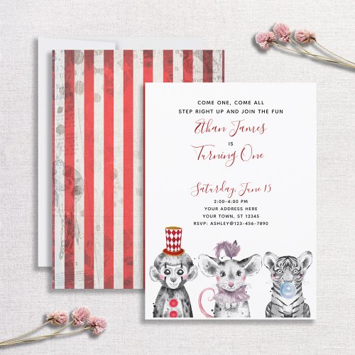 Black White Red Script Circus 1st Birthday Party Invitation