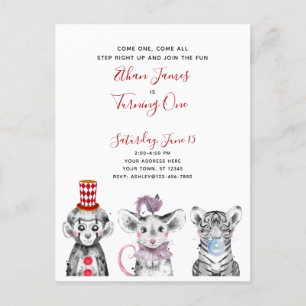 Black White Red Script Circus 1st Birthday Party Invitation Postcard