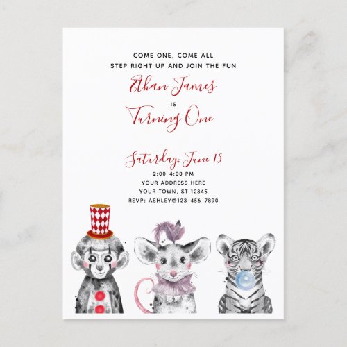 Black White Red Script Circus 1st Birthday Party Invitation Postcard