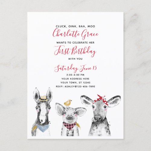 Black White Red Script Farm Birthday Invitation