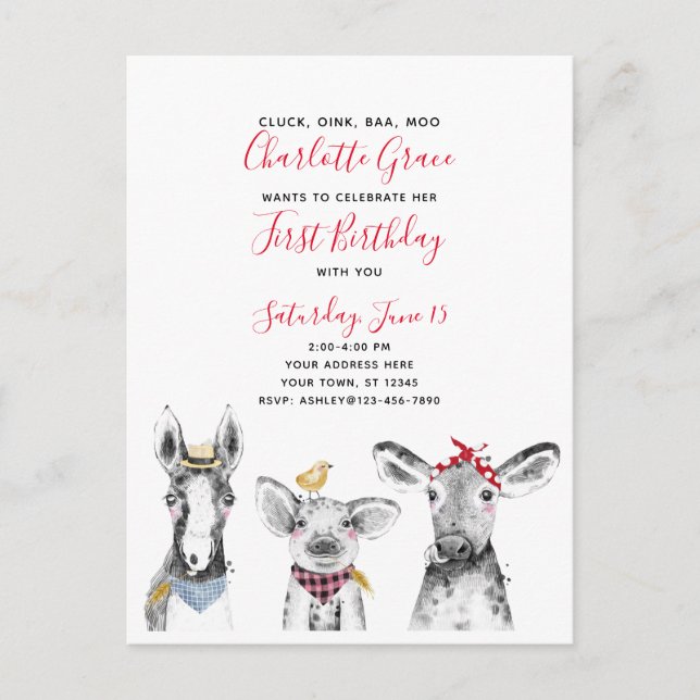 Black White Red Script Farm Birthday Invitation Postcard (Front)