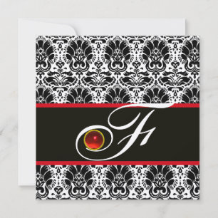 BLACK WHITE RED SILVER DAMASK MONOGRAM Ruby Invitation