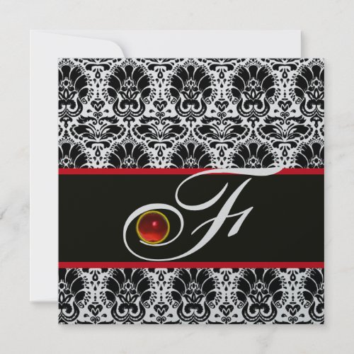 BLACK WHITE RED SILVER DAMASK MONOGRAM Ruby Invitation