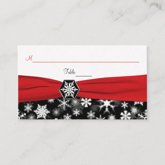 Black, White, Red Snowflakes Place Cards (Front)