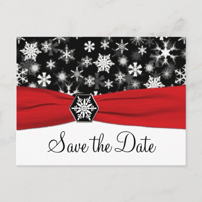 Black, White, Red Snowflakes Save the Date Card (Front)