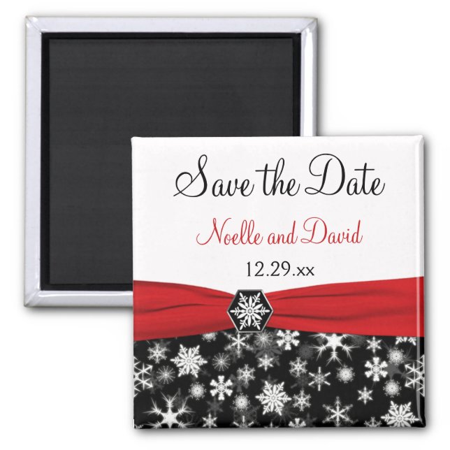 Black, White, Red Snowflakes Save the Date Magnet (Front)
