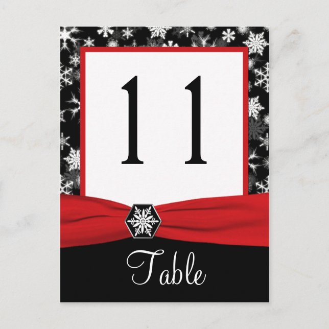Black, White, Red Snowflakes Table Number Card (Front)