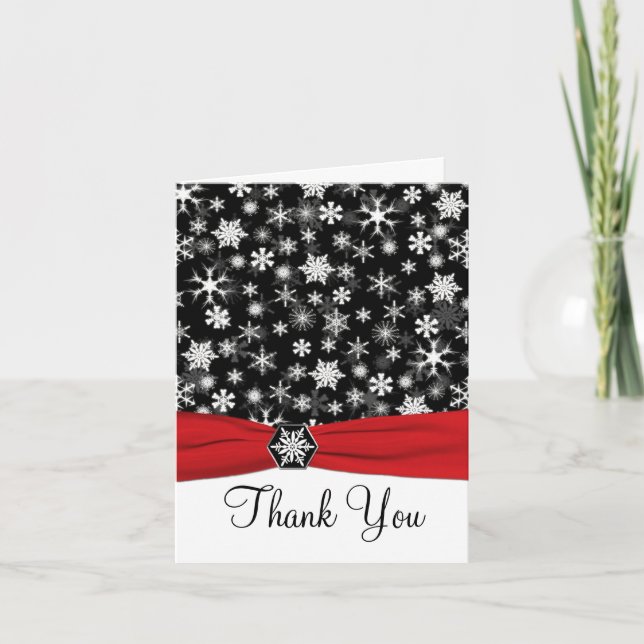 Black, White, Red Snowflakes Thank You Note Card (Front)