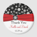 Black, White, Red Snowflakes Wedding Favor Magnet<br><div class="desc">This black and white snowflakes wedding favor thank you magnet with FAUX red ribbon and snowflake medallion matches the wedding invitation shown below. All the text is customizable, and you can change the size and shape. If you require any other matching items in this design, please email your request to...</div>