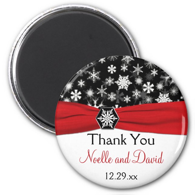 Black, White, Red Snowflakes Wedding Favor Magnet (Front)