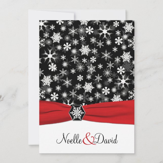 Black, White, Red Snowflakes Wedding Invitation (Front)