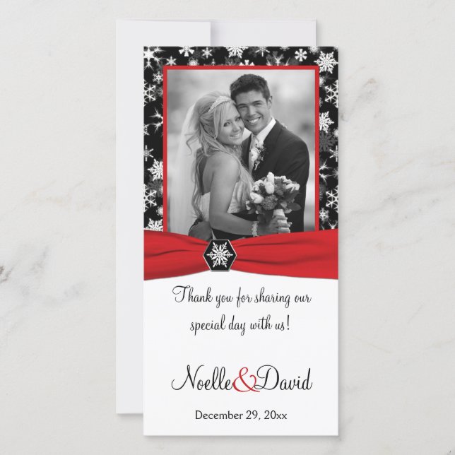 Black, White, Red Snowflakes Wedding Photo Card (Front)